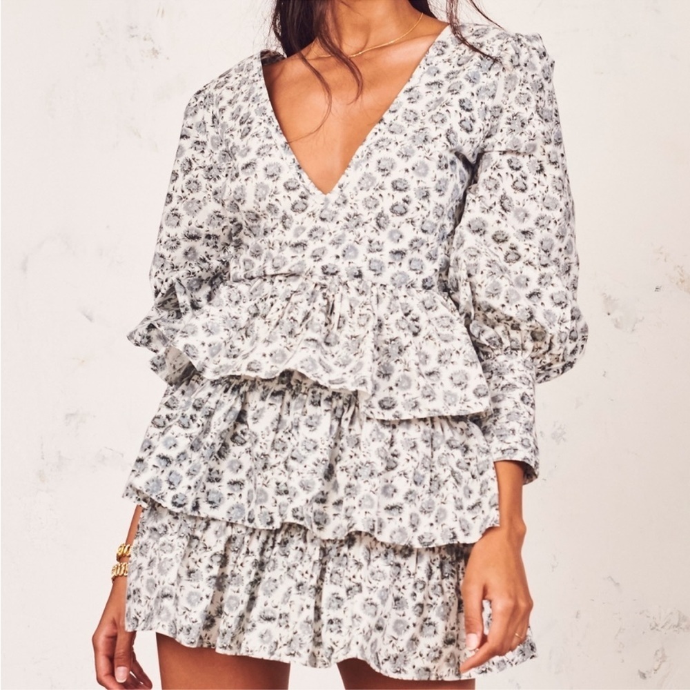 LoveShackFancy Paris Grey Floral Ruffle Tiered Long Puff Sleeve Mini Dress Sz 6 - Picture 4 of 15